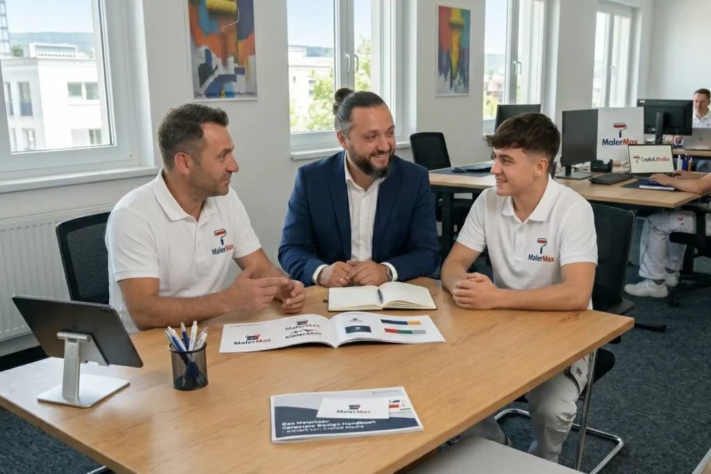 Aufnahme eines Beratungsgesprächs in einem modernen Büro. Drei Männer sitzen an einem Eichentisch. Der Berater von CreAid Media (Mitte, mit Dutt) lächelt. Links und rechts sitzen zwei Maler-Partner vom Betrieb MalerMax in gebrandeten Poloshirts. Auf dem Tisch liegen ein offener Design-Guide, Visitenkarten und ein iPad, die das einheitliche Corporate Design und die Professionalität von MalerMax visualisieren.