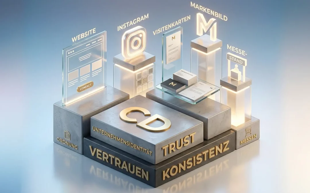 Hochwertiges 3D-Rendering auf grauem Studiohintergrund: Ein massives Beton-Fundament mit den goldenen Inschriften „Vertrauen“, „Konsistenz“ und „Unternehmensidentität“. Auf leuchtenden Glassäulen stehen Symbole für Website, Instagram, Visitenkarten und einen Messestand, die das Corporate Design als professionelle Basis visualisieren.