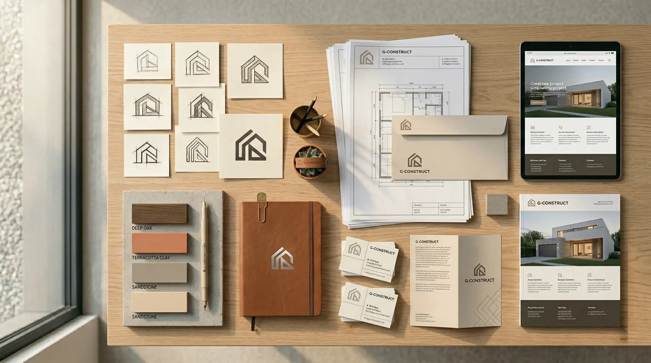 Professionelles Branding und Corporate Design für Handwerksbetriebe Corporate Design Elemente für Bauunternehmen mit Logo, Visitenkarten und Farbpalette auf Holztisch