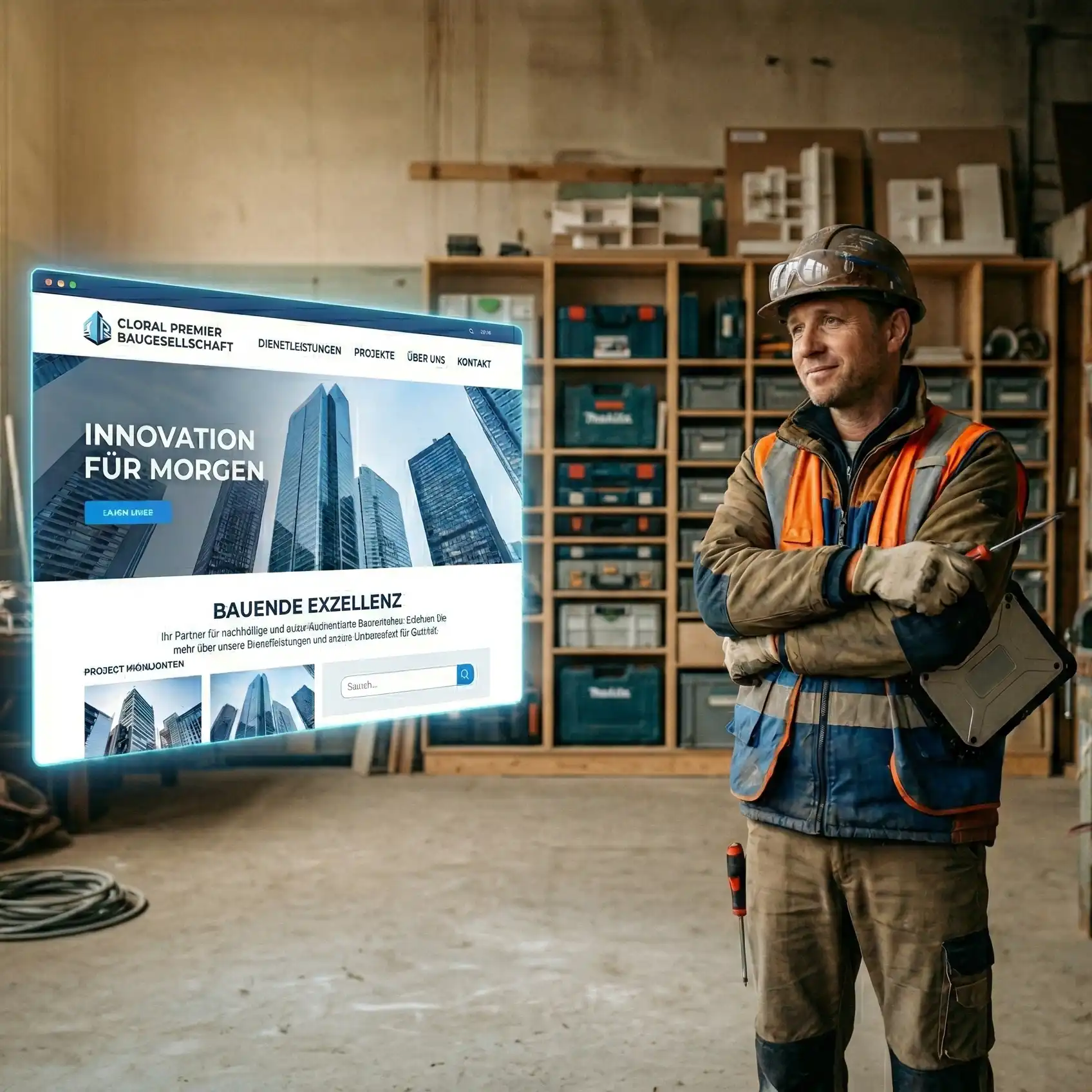 webdesign-handwerker-werkstatt-mixed-reality Webdesign für Handwerker steht in Werkstatt während moderne Website Visualisierung digitales Wachstum und Innovation zeigt