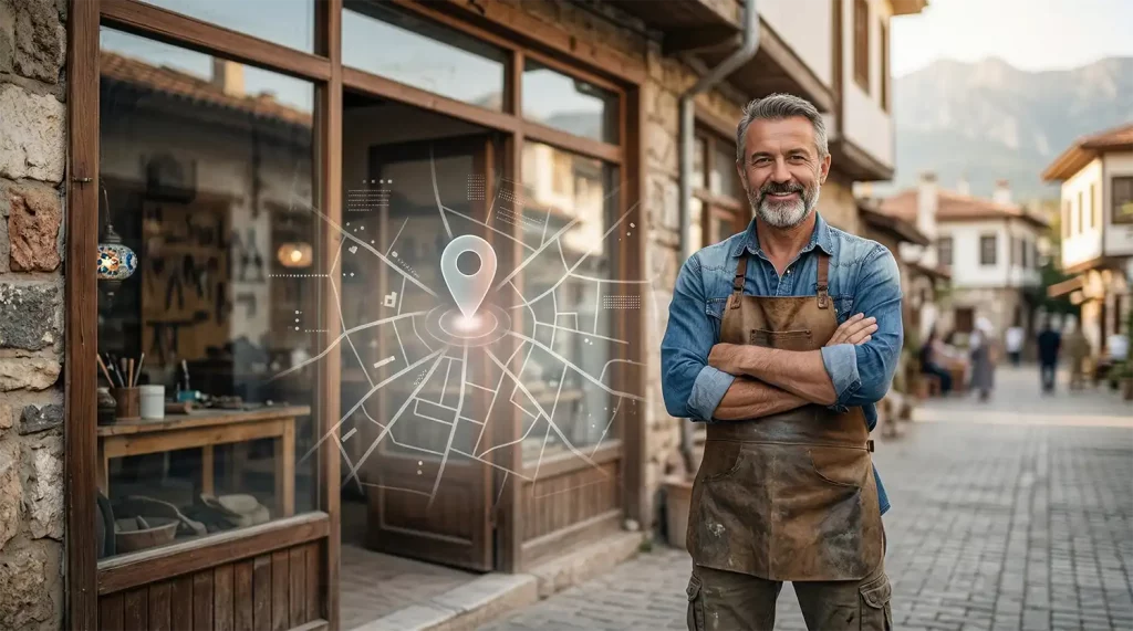 Handwerker steht selbstbewusst vor seinem Geschäft während digitale Standortanzeige lokale Sichtbarkeit im Internet symbolisiert