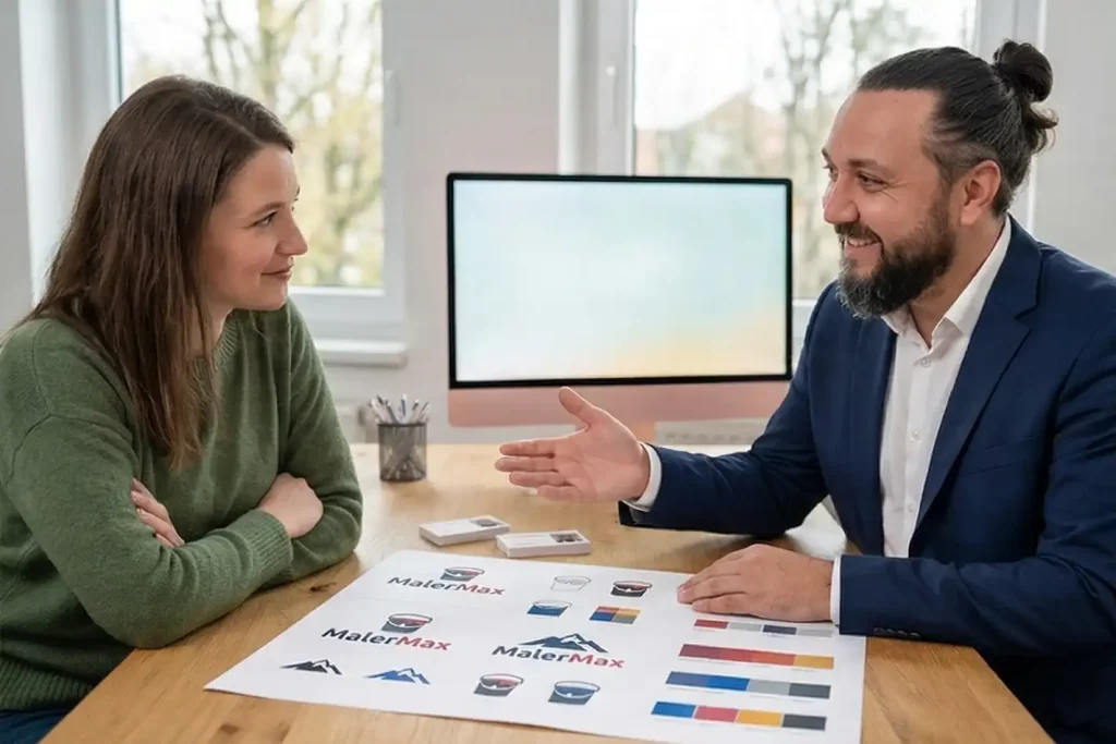 Strategische Design-Beratung durch CreAid Media: Der Berater (rechts, mit Dutt und Bart) erklärt einer Kundin anhand eines Brand-Sheets die Vorteile eines Corporate Design Redesigns. Auf dem Holztisch liegen Visitenkarten und Logo-Entwürfe für den Betrieb MalerMax, die eine moderne und konsistente Markenführung visualisieren.