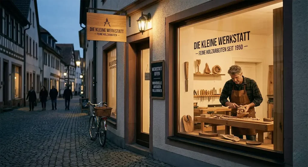 Eine stimmungsvolle, dämmerige Altstadtgasse. Im Vordergrund strahlt eine beleuchtete, authentische Handwerkswerkstatt mit dem schlichten Holzschild 'Die kleine Werkstatt - Feine Holzarbeiten' und einem A-Aufsteller 'Werkstatt offen - Individuelle Anfragen willkommen' Wärme und Professionalität aus. Ein Handwerker arbeitet sichtbar am Werkbank. Im unscharfen Hintergrund ist die grelle, laute Neonreklame eines großen 'MEGA-MARKET' zu sehen. Das Bild symbolisiert eine starke, klare lokale Kampagne gegenüber lauter Massenwerbung. SEO-optimierter Dateiname