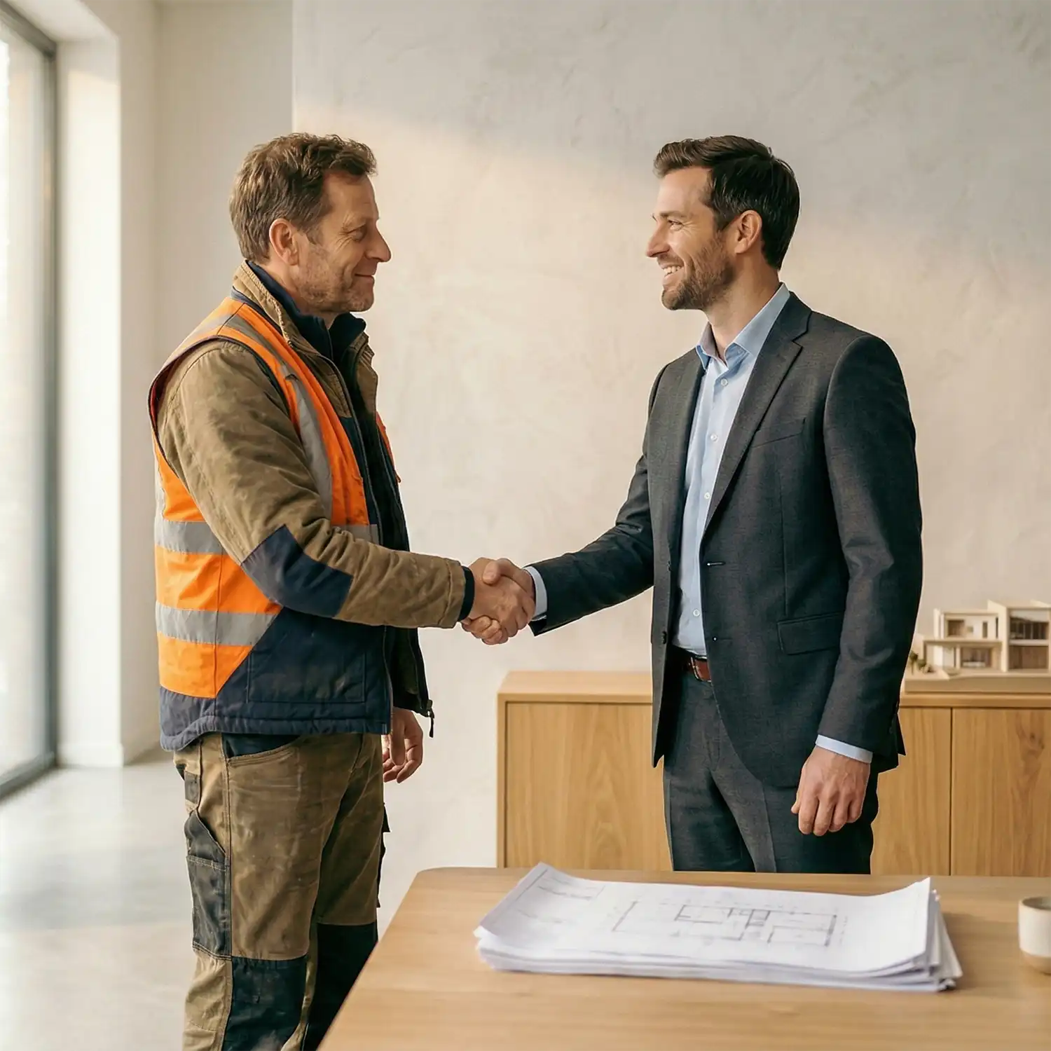 Erfolgreiche Zusammenarbeit zwischen Handwerksbetrieb und Kunde Handwerker und Kunde geben sich die Hand nach erfolgreicher Zusammenarbeit im Bereich Webdesign und Marketing