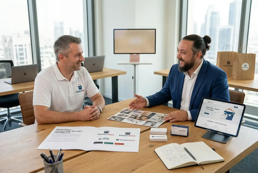 Der Berater von CreAid Media (rechts, mit Dutt und Bart) lächelt und erklärt einem Kunden vom Betrieb MalerMax anhand eines geöffneten Corporate Design Handbuchs die Vorteile eines Redesigns. Auf dem Holztisch liegen Visitenkarten und Logo-Entwürfe für MalerMax. Im Hintergrund ist ein modernes Büro mit Fensterfront zu sehen, was Professionalität und Vertrauen visualisiert.