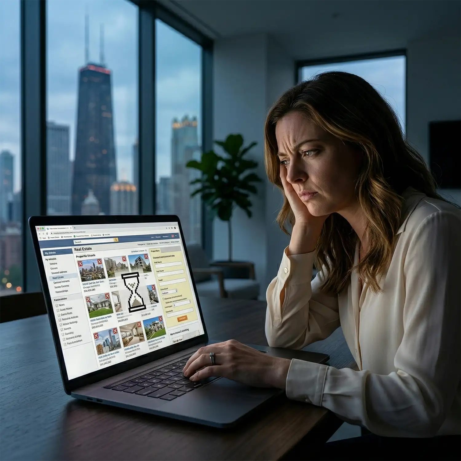 nd unübersichtliche Immobilien-Website auf einem Laptop; Symbolbild für fehlendes Webdesign für Immobilienmakler und schlechte Nutzerführung Webdesign für Immobilienmakler: Schlechte Nutzererfahrung durch langsame Ladezeiten und unstrukturierte Immobilienangebote