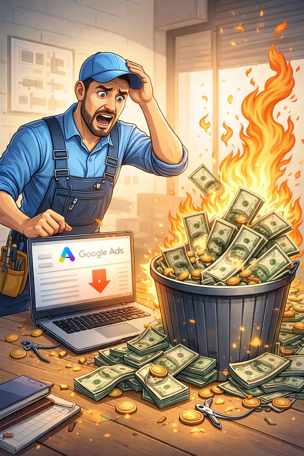 Ineffiziente Google Ads Werbung bei Handwerkern – Budget wird verbrannt statt Kunden gewonnen Handwerker steht in Werkstatt und verbrennt Geld in Metallfass, während Laptop auf dem Tisch steht als Symbol für ineffiziente Online Werbung