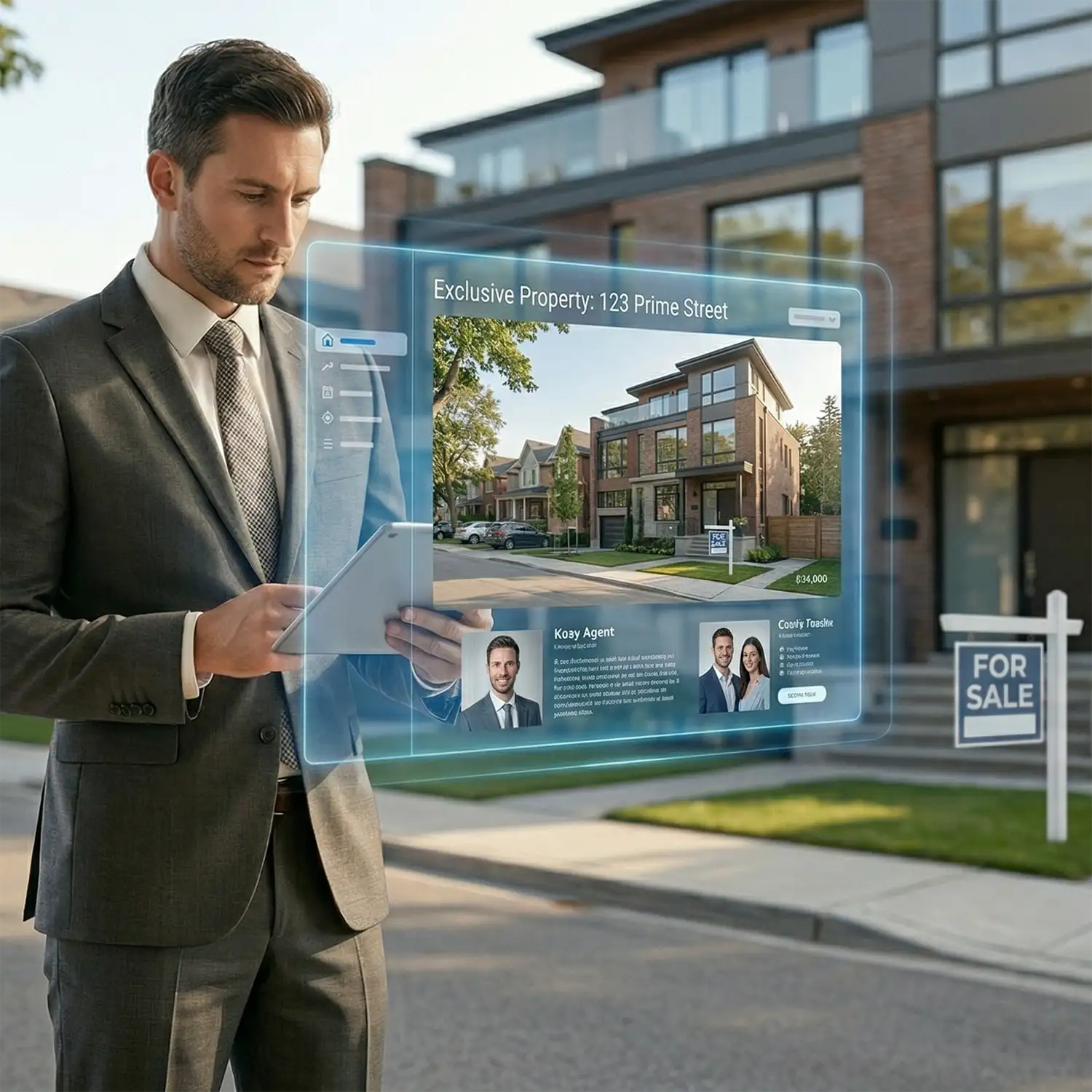 Immobilienmakler präsentiert ein Immobilienangebot auf einem Tablet mithilfe moderner Website-Struktur und digitalem Webdesign für Immobilienmakler direkt vor einem zum Verkauf stehenden Haus