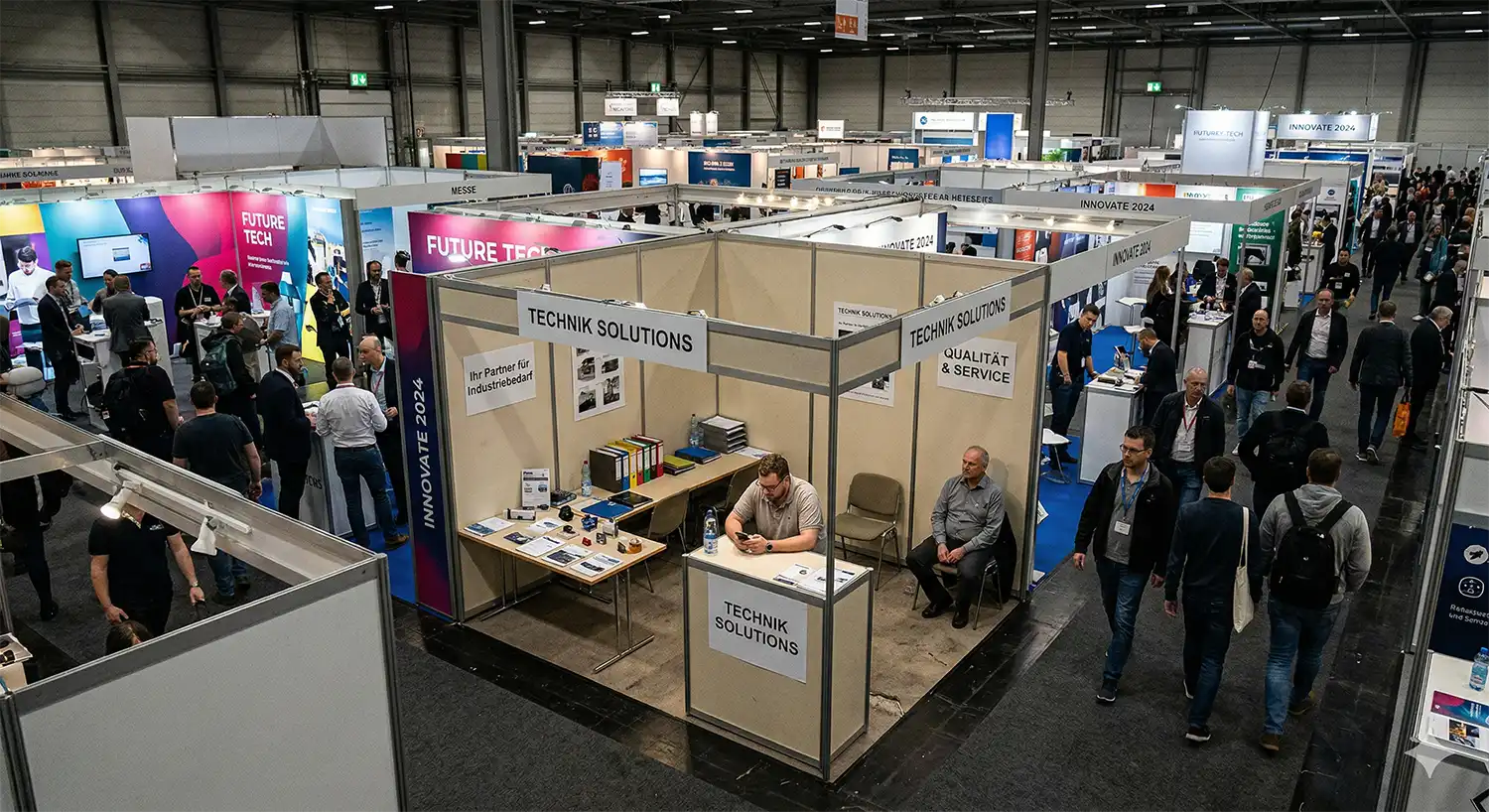 messestand-design-vorher-langweilig-schlecht-gestaltet Vogelperspektive eines schlecht gestalteten, langweiligen Messestands mit tristen Farben, unmotivierten Mitarbeitern und ohne klares Branding in einer Messehalle.