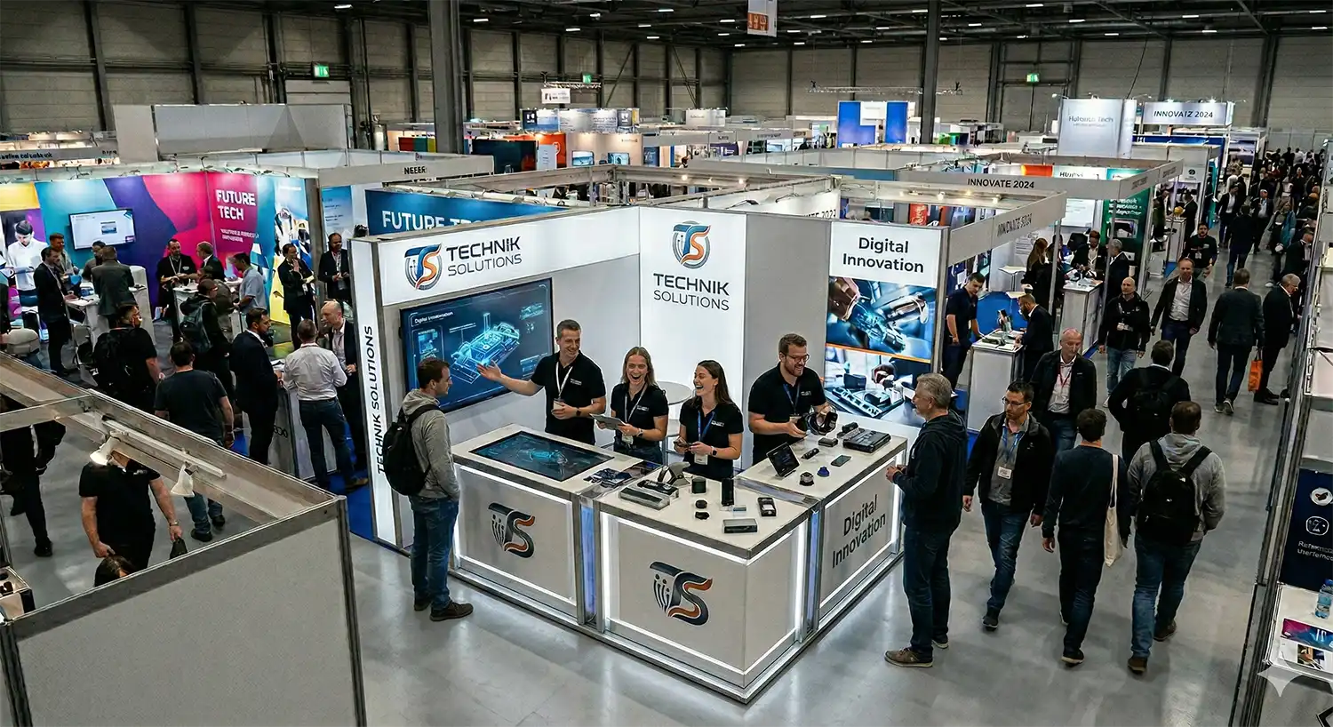 professionelles-messestand-design-branding-technik-solutions-2 Moderner, hell beleuchteter Messestand von Technik Solutions mit professionellem Logo, digitalen Displays und engagierten Mitarbeitern, die Besucher aktiv beraten.