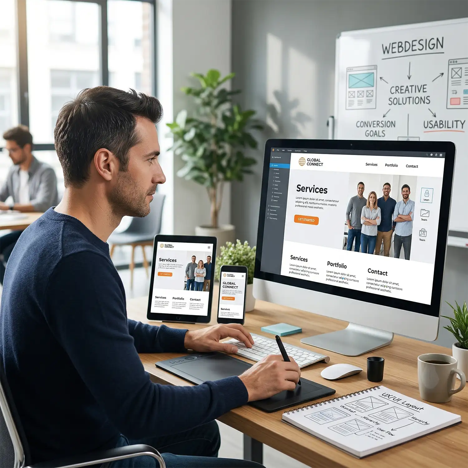 webdesign-buero-workspace-responsive-design Ein Mann im Büro arbeitet an einem Webdesign mit mehreren Bildschirmen (Desktop, Tablet, Smartphone), die die responsive Website-Entwicklung für CreAid Media zeigen. Im Hintergrund eine Tafel mit der Aufschrift "Kreative Lösungen".