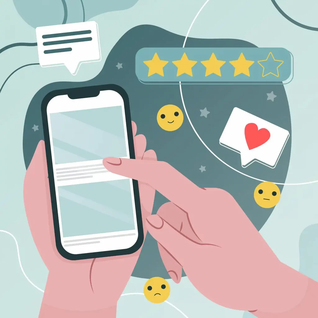 Google Bewertungwn und Mobile Funktionalität wird als Vektorgrafik auf dem Screen visualisiert