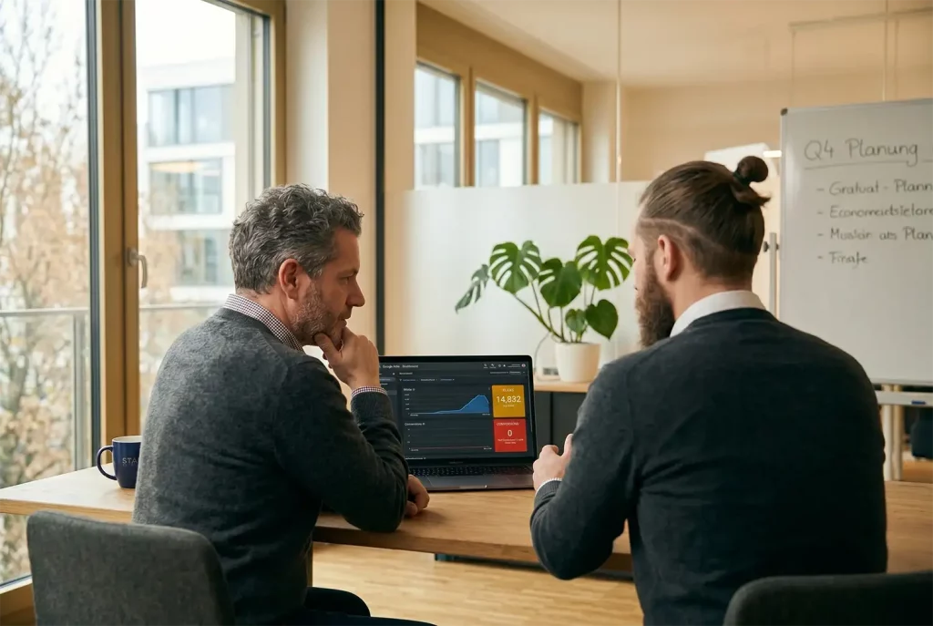Unternehmer prüft Google Ads Dashboard – viele Klicks, keine Anfragen Analyse