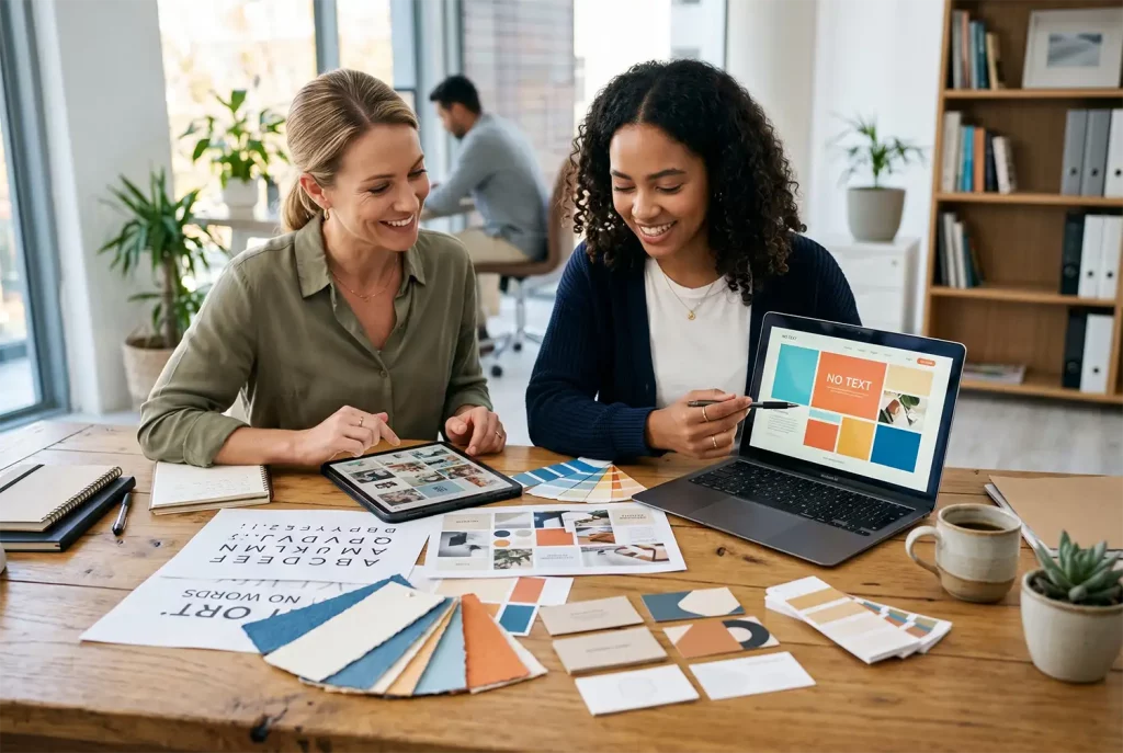 Designerin prüft Corporate Design mit Kundin für einen einheitlichen Markenauftritt
Bildformat