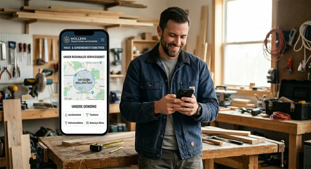 Handwerker prüft seine lokale Website auf dem Smartphone – Webdesign für Handwerksbetriebe