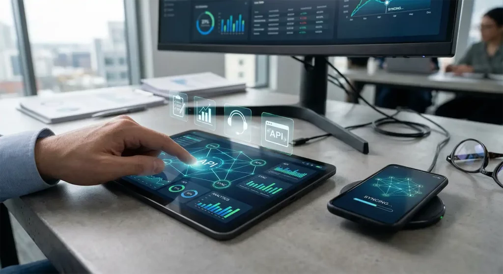 Ein Close-up Foto, das eine Hand zeigt, die ein Tablet bedient. Auf dem Bildschirm sind vernetzte Diagramme und Datenvisualisierungen zu sehen. Miniaturen von Icons für Formulare, Analysen, Kundensupport und APIs schweben um den Finger und verdeutlichen integrierte und automatisierte Arbeitsabläufe in einem modernen Büro.