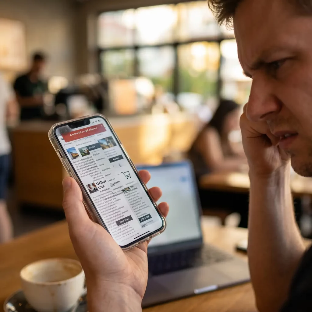 Frustrierter Nutzer mit defekter mobiler Website auf Smartphone – mobile Optimierung