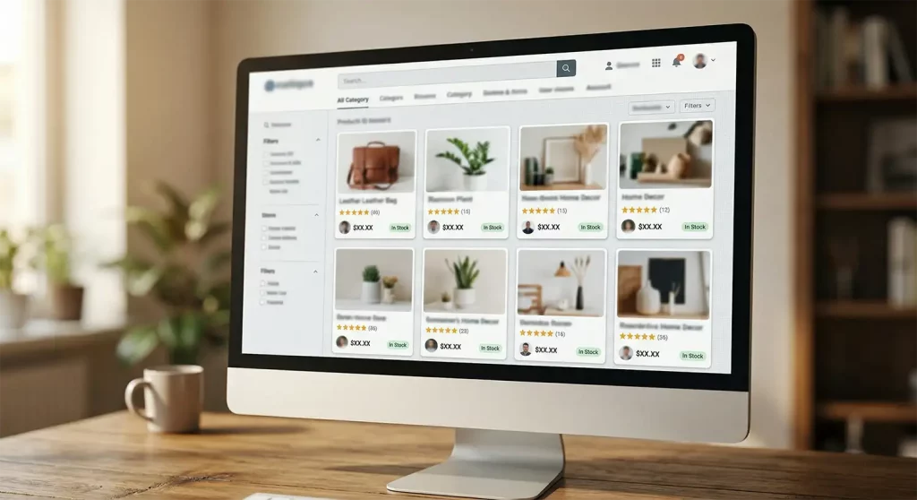 Marktplatz Plattform entwickeln: Ein moderner Desktop-Monitor auf einem Holztisch zeigt ein aufgeräumtes E-Commerce-Marktplatz-Design. Die Benutzeroberfläche nutzt eine klare Informationshierarchie mit Produktkarten, Sternebewertungen und Verfügbarkeits-Badges in einer warmen, professionellen Büroatmosphäre.