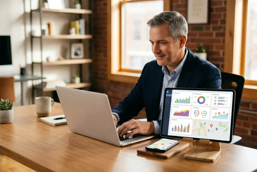 Unternehmer prüft lokale SEO-Sichtbarkeit auf Laptop und Smartphone