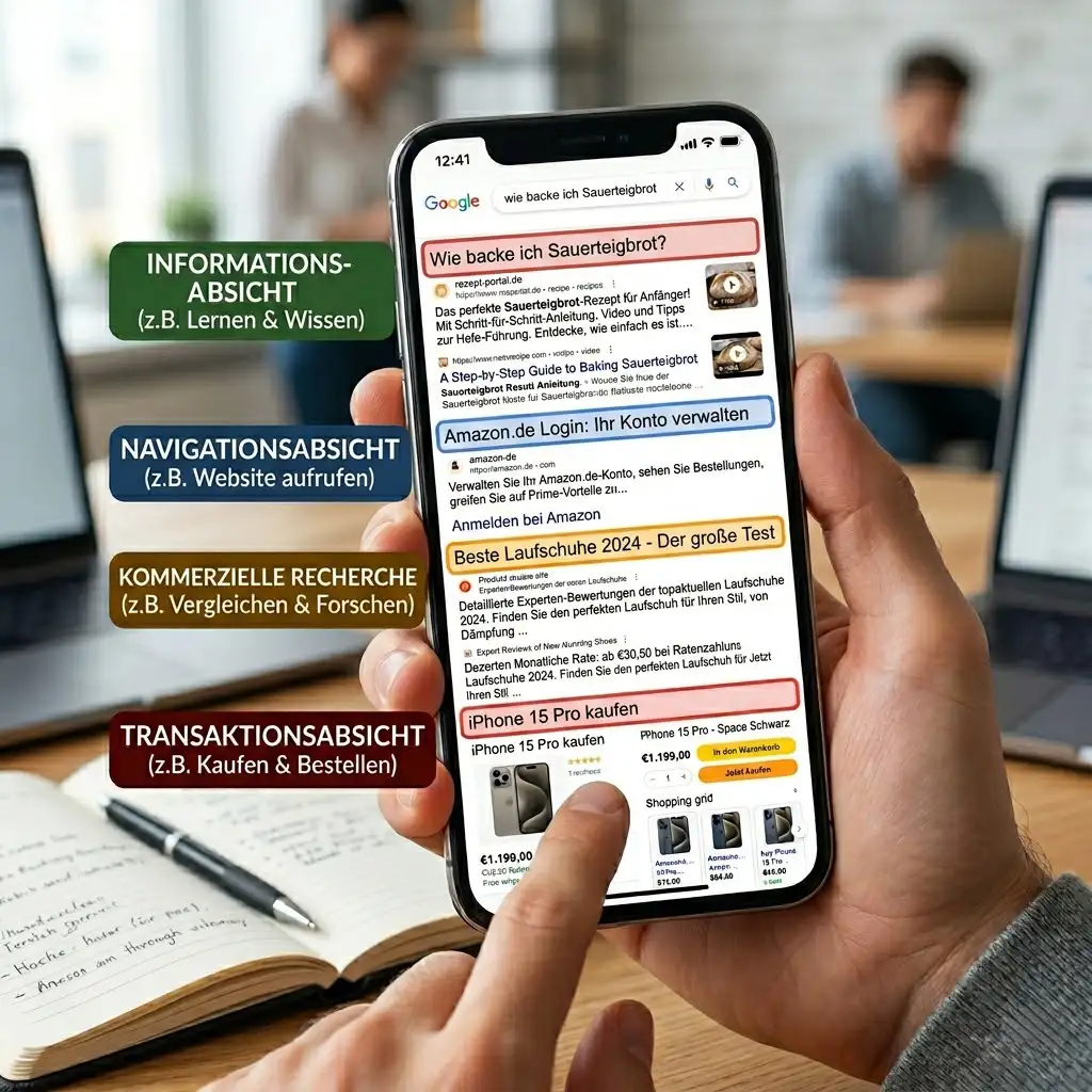 Smartphone zeigt Google-Suchergebnisse – Suchintention als Hebel für Google Ads