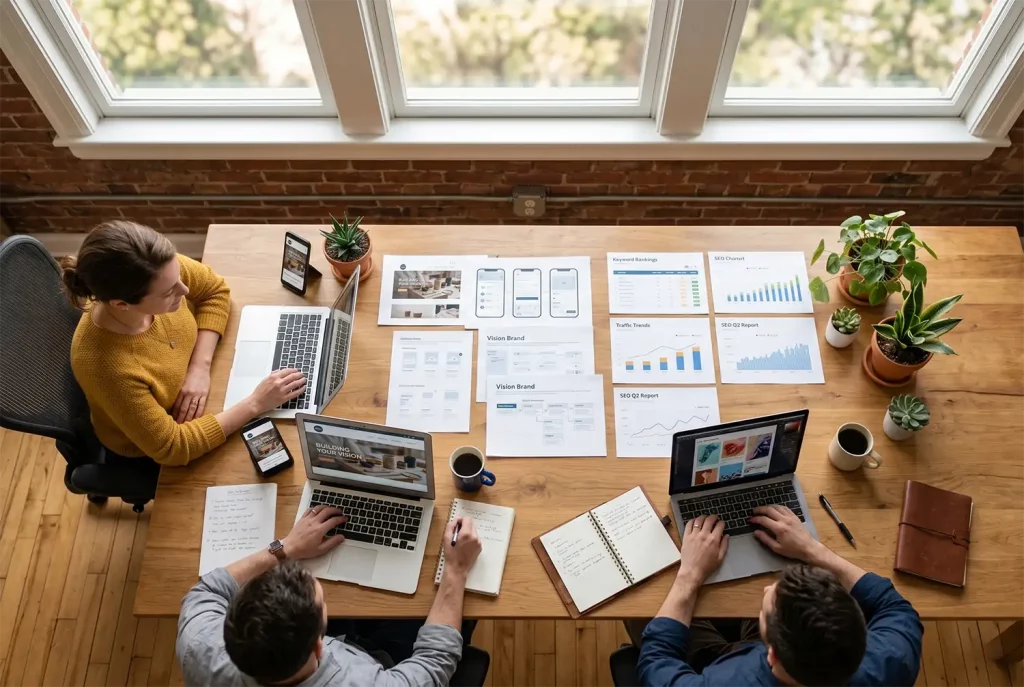 Team einer Webdesign Agentur arbeitet gemeinsam an Website-Projekt für kleines Unternehmen