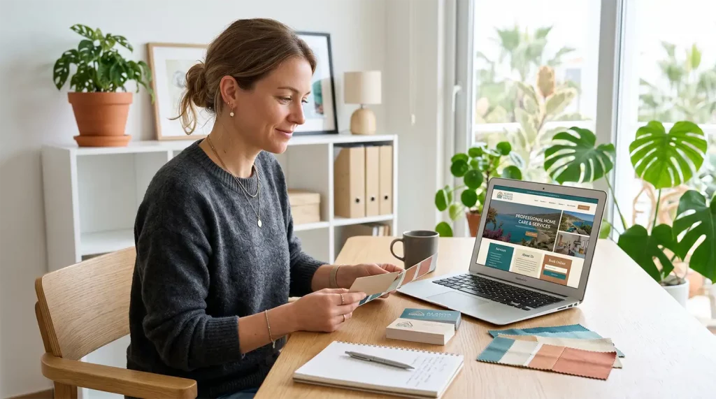 Unternehmerin prüft Markenauftritt und Website-Design für lokalen Dienstleister im Büro