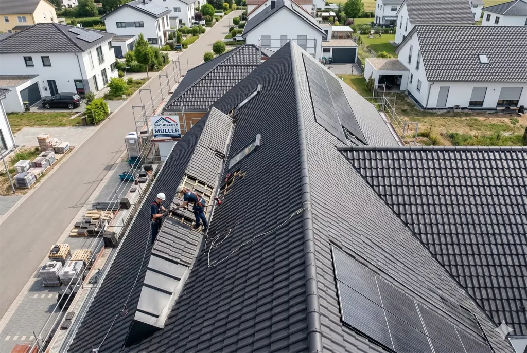 Zwei Dachdecker arbeiten an einem First eines modernen Einfamilienhauses mit Photovoltaikanlage.