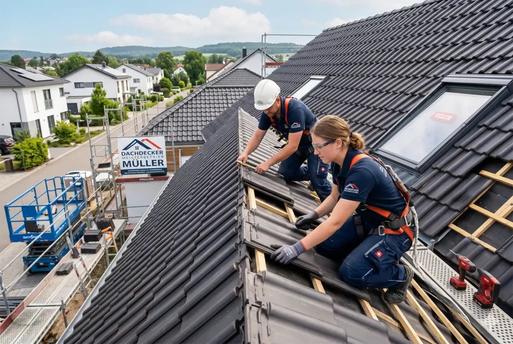 Ein Dachdecker und eine Dachdeckerin verlegen präzise Dachziegel an einer Gaube.